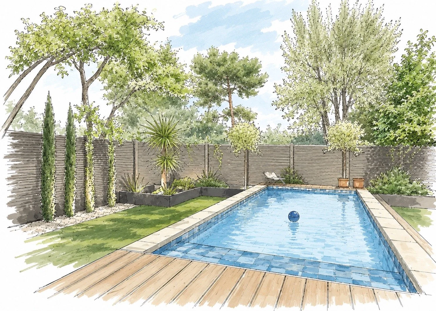 Piscine dans un jardin privé entourée de plantes, de sapins et d'un panneau en bois, sous un ciel partiellement nuageux.
