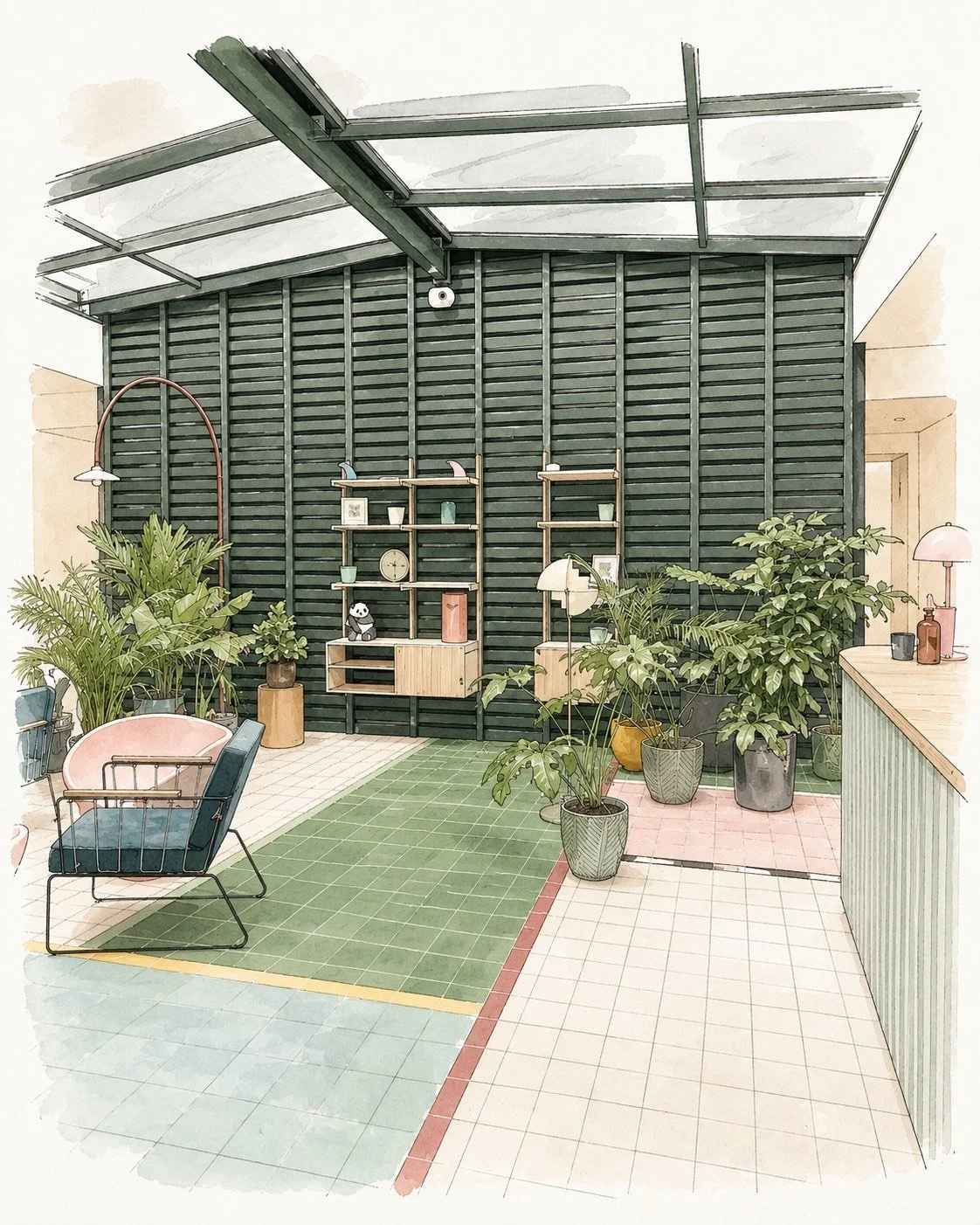 Hall d'un hôtel moderne avec des plantes en pot, un fauteuil, des étagères en bois, et un mur en lattes vert foncé, décoré de divers objets et plantes d'intérieur.