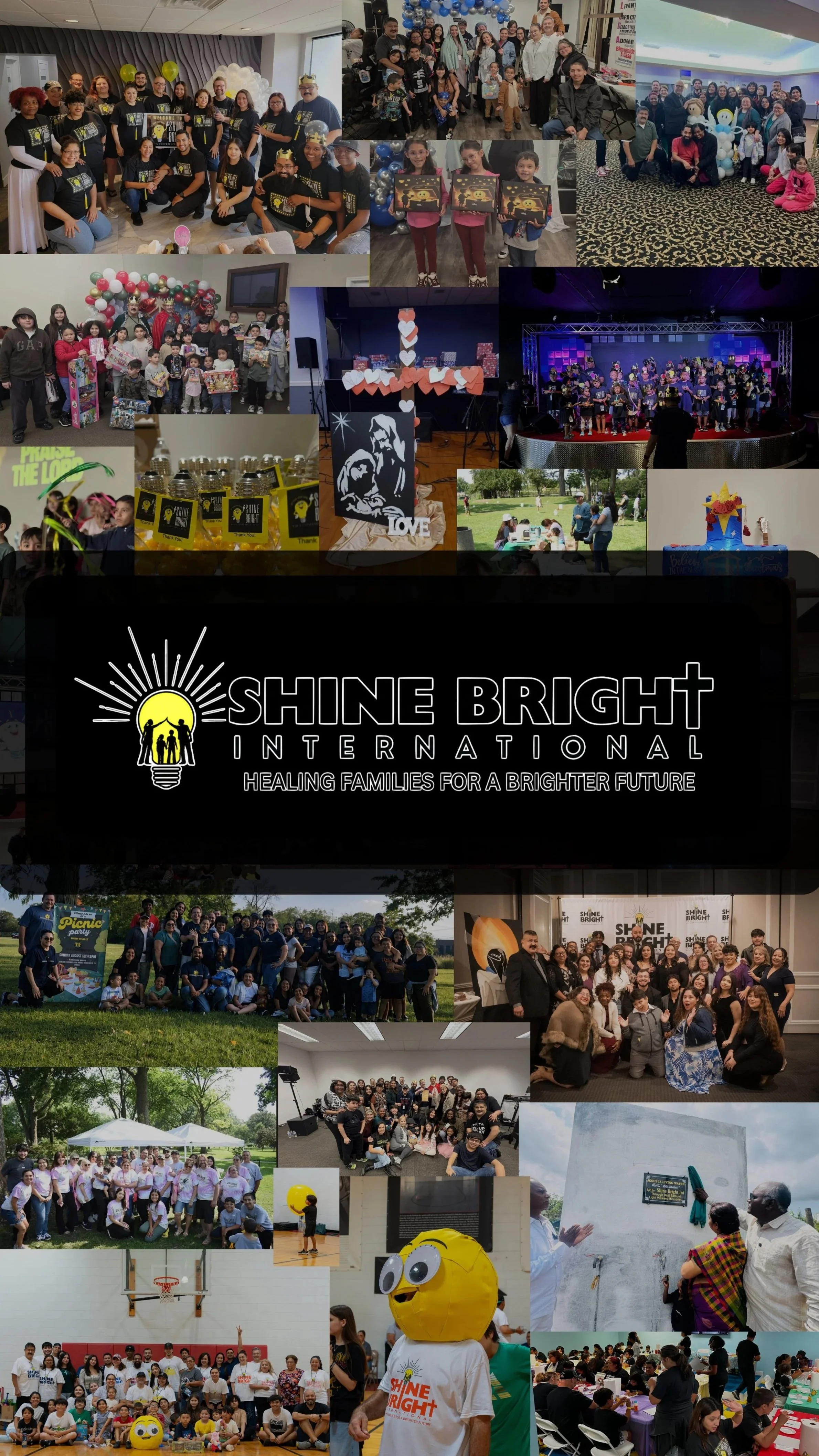 Collage of photos from Shine Bright International community events, including group photos, children with gifts, stage performances, donation badge distribution, outdoor picnics, and a plaque unveiling.