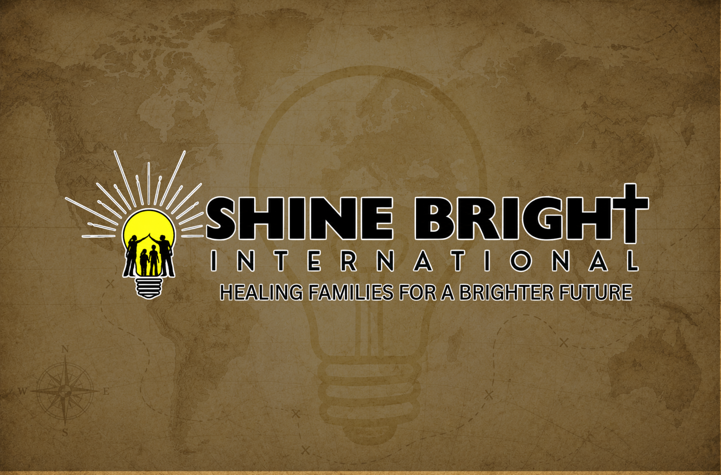 A logo featuring a family silhouette inside a light bulb with rays of light around it, and the text 'Shine Bright International' with the slogan 'Healing Families for a Brighter Future' beneath.