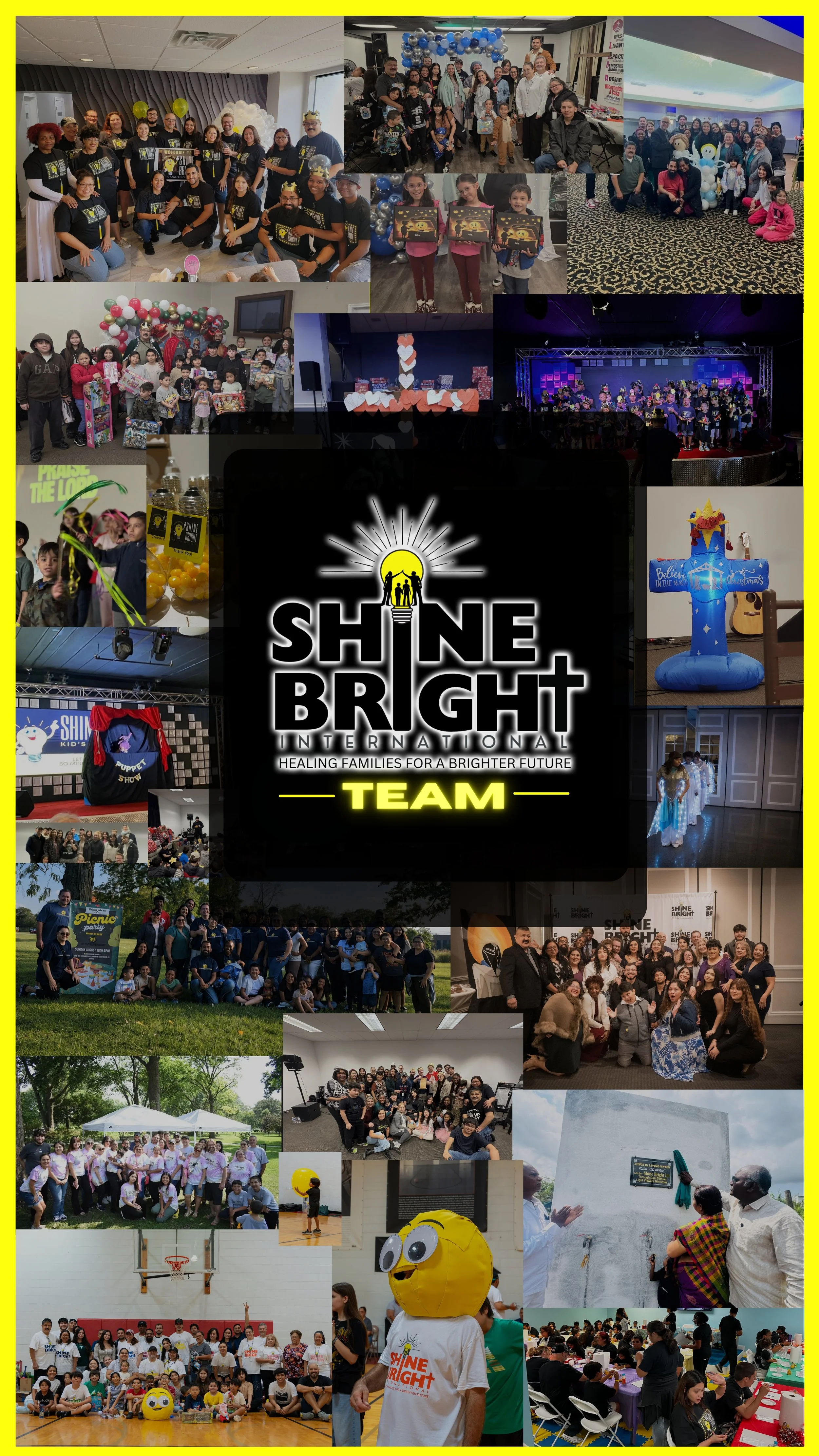 Collage of photos from a community event organized by Shine Bright International, featuring group photos, children with gifts and balloons, stage performances, a donation ceremony, and outdoor activities, all under a yellow border.