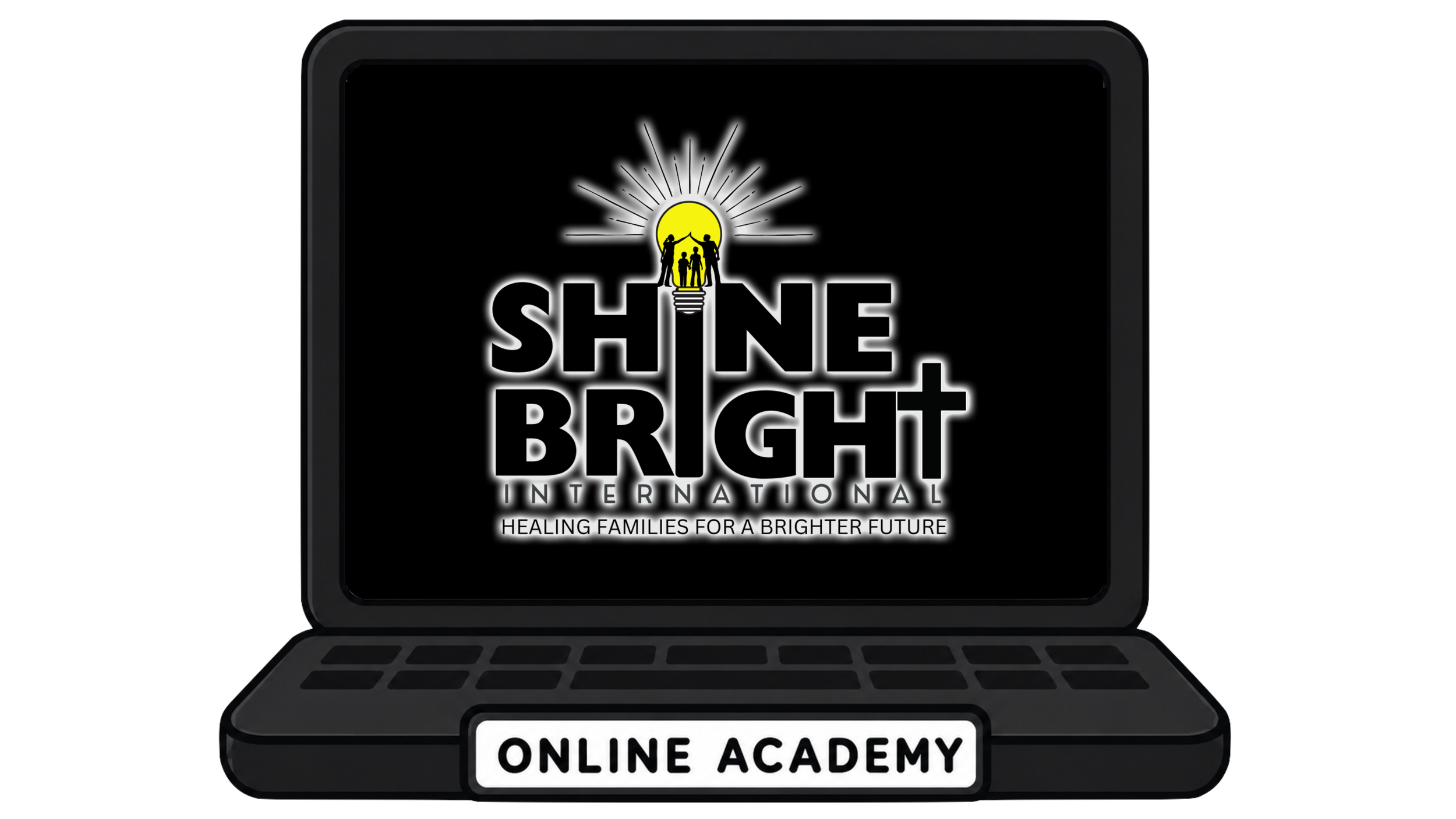 Computer screen displaying Shine Bright International logo and online academy slogan