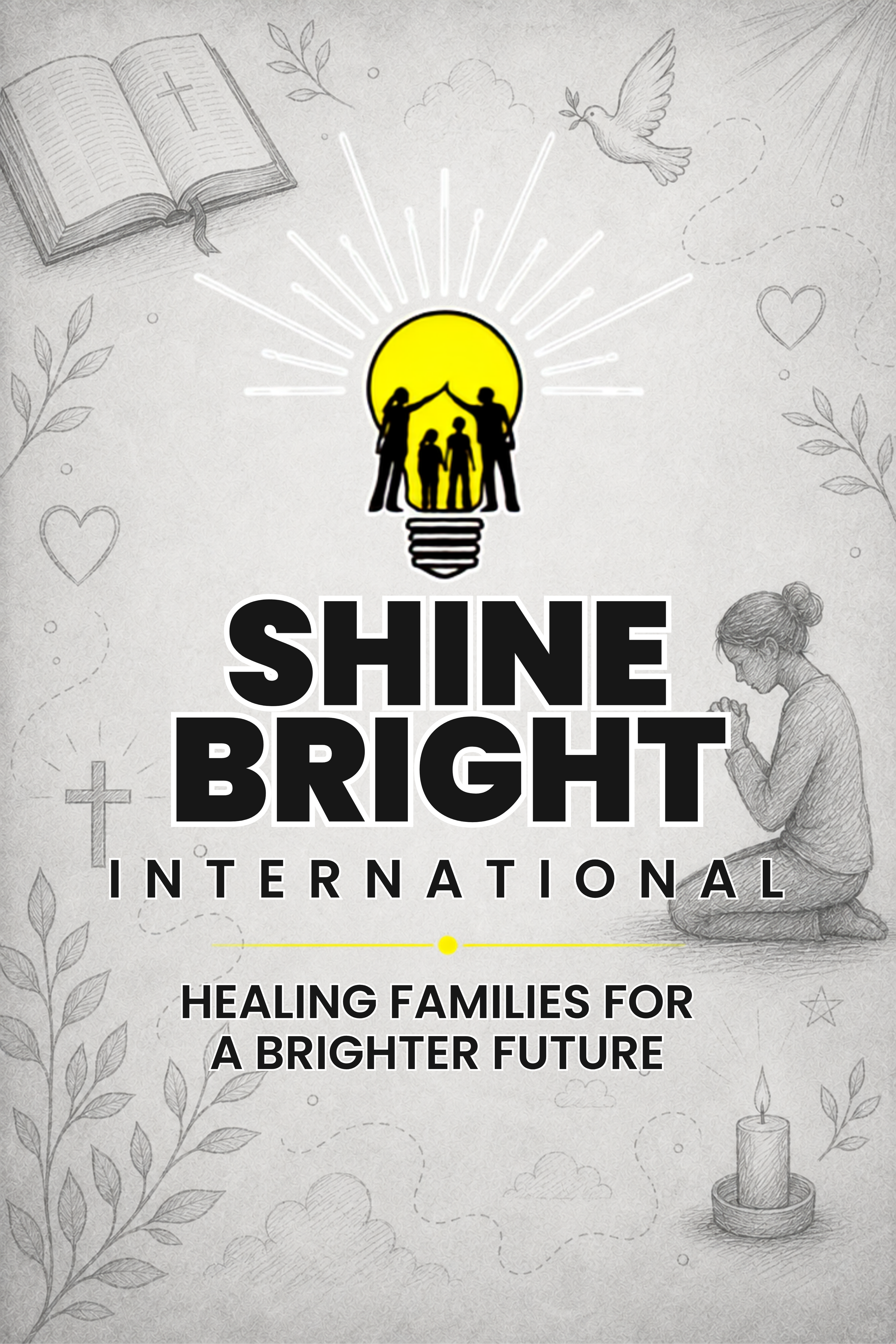 A poster for Shine Bright International featuring a light bulb with silhouettes of a family inside, surrounded by religious symbols, a dove, a Bible, and a woman praying, with the slogan "Healing Families for a Brighter Future."