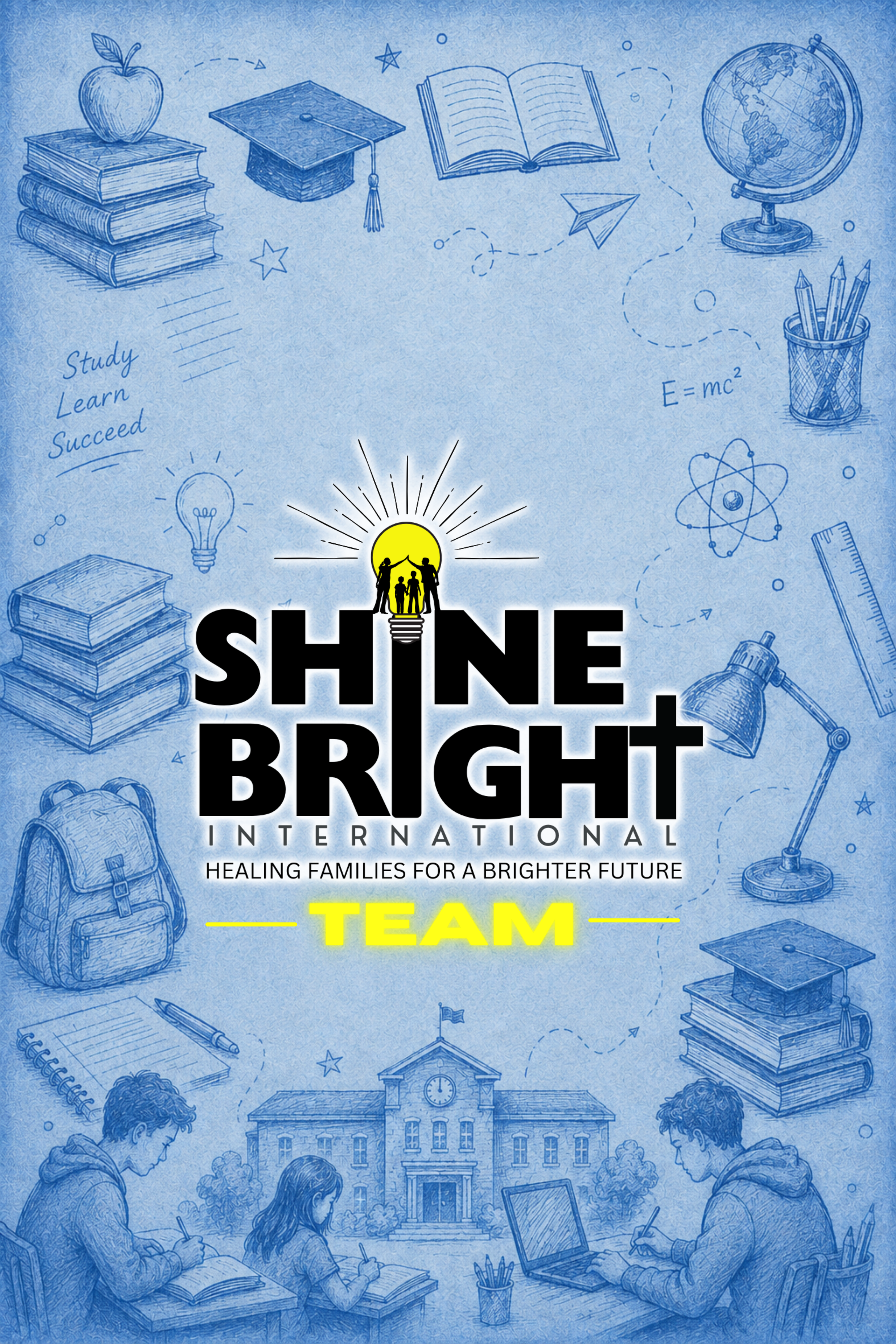 Blue background with school-related drawings including books, globe, graduation cap, paper airplane, atom symbol, rulers, backpack, light bulb, and students studying outside a school with the text 'SHINE BRIGHT INTERNATIONAL' and the slogan 'Healing families for a brighter future'.