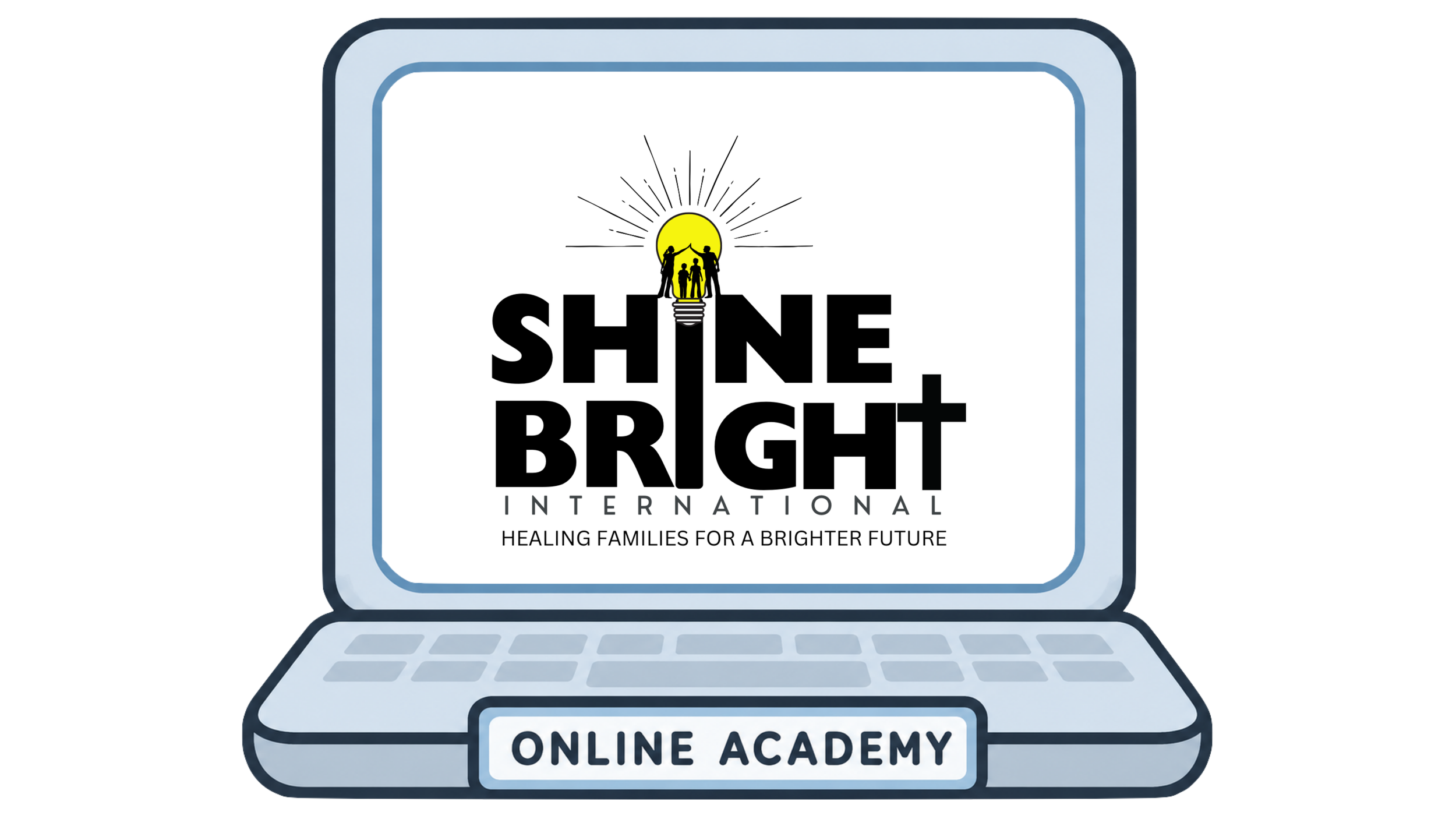 Logo for Shine Bright International online academy with a design of a family silhouetted inside a lightbulb with rays expanding from it, and text that reads 'Healing Families for a Brighter Future'.