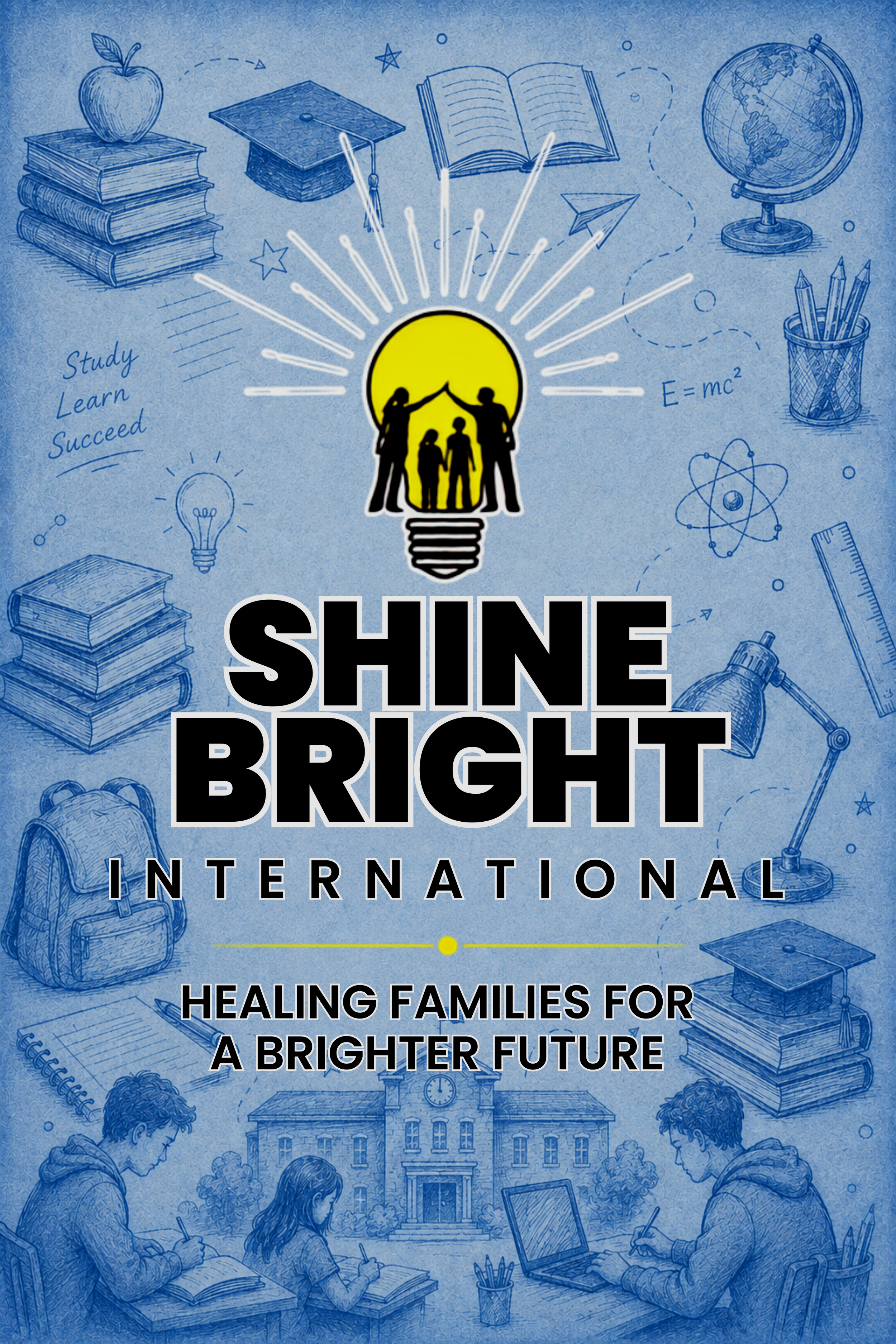 A blue background with illustrations of books, a globe, a lightbulb, a graduation cap, scientific symbols, and students studying. The text reads "Shine Bright International" and "Healing Families for a Brighter Future."