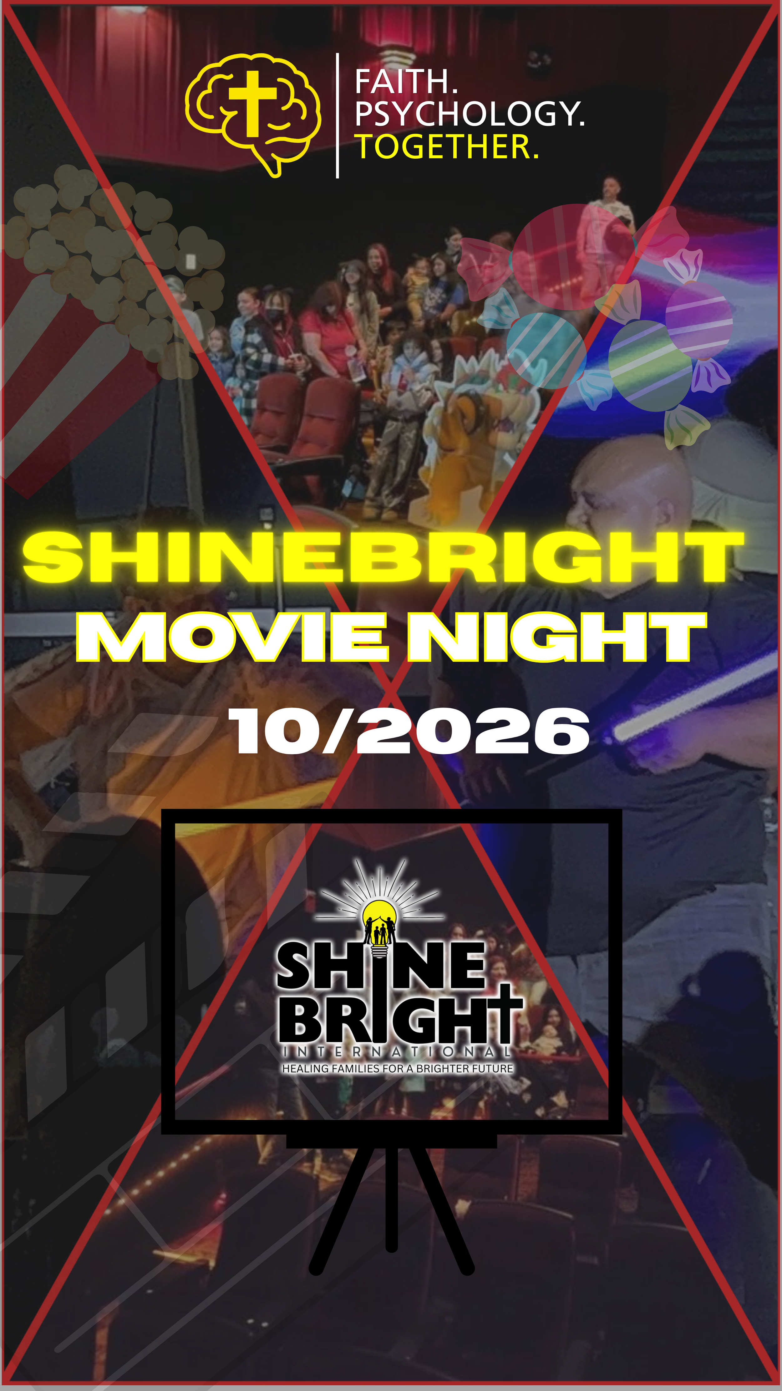 Promotion poster for Shine Bright International Movie Night on October 26, 2026, featuring a background of people in an auditorium, with a logo of a family under a sunrise, and text emphasizing faith, psychology, and togetherness.