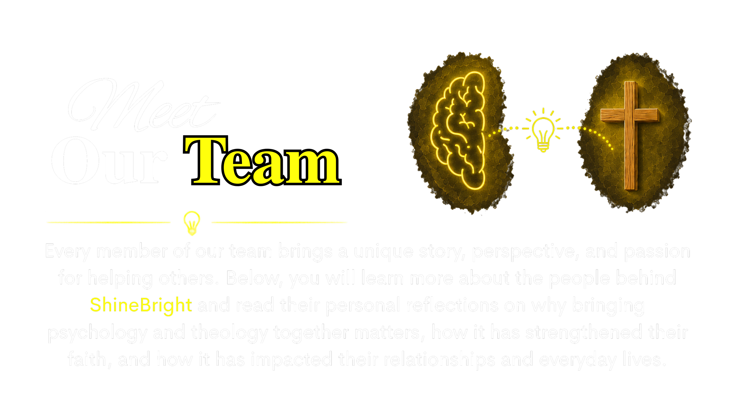 A digital graphic with the text 'Meet Our Team' and symbols representing the brain, a lightbulb, and a cross, along with a paragraph explaining the team's purpose.