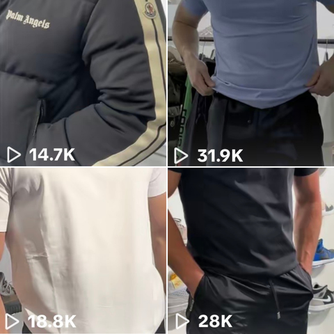 Four people in different casual outfits, close-up shots emphasizing their torsos and hands, with view counts overlayed.