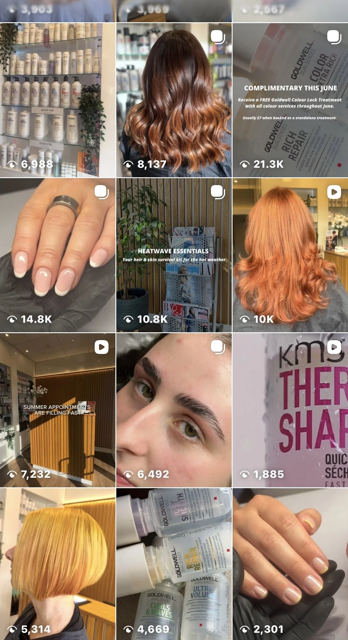 A collage of images featuring hair coloring and hair care products. Includes examples of styled hair, hair dye treatments, a salon interior, manicure, and close-ups of hair products.