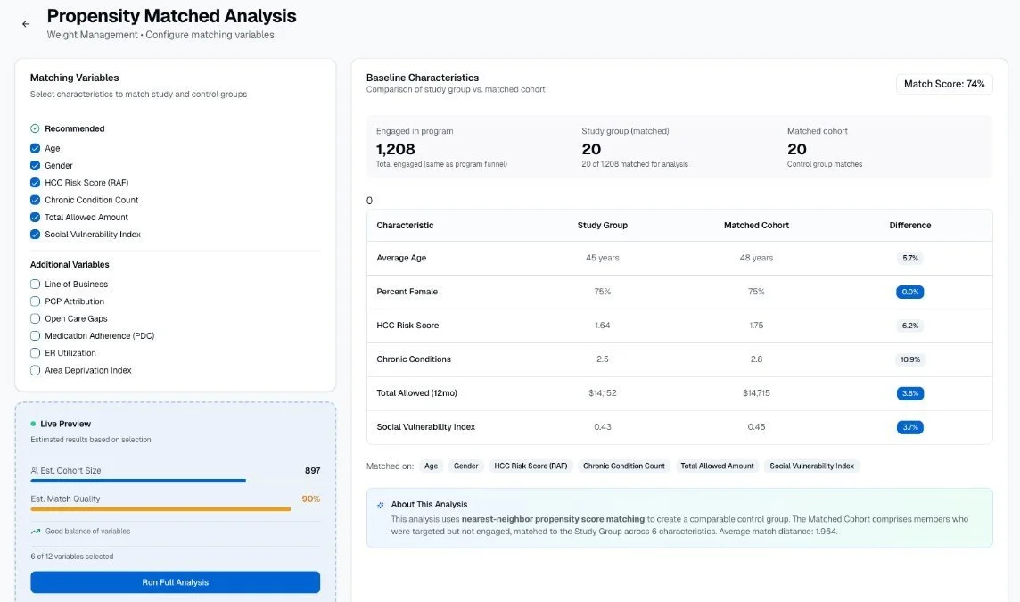 Configuration-driven matching with visible baseline balance and match quality scoring.