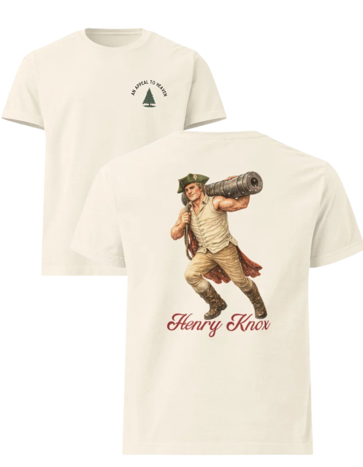 White T-shirt with a graphic of a soldier carrying a bazooka on the back, and the name 'Henry Knox' written below.