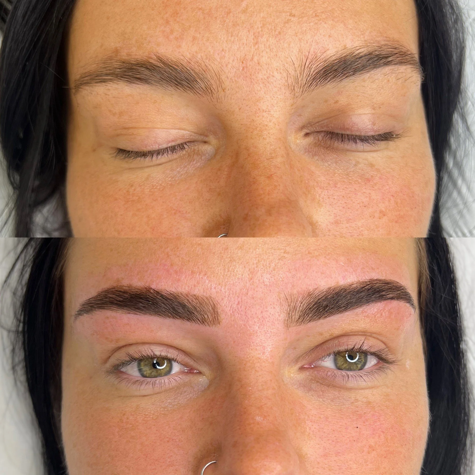 A before and after comparison of a woman's eyebrows, showing them without makeup in the top image and filled-in, styled eyebrows in the bottom image.