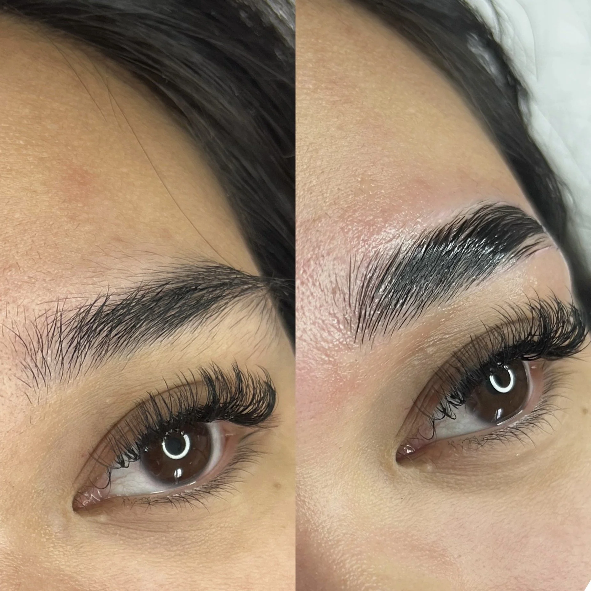 Close-up of a woman's eye showing before and after eyelash extension. The left side displays natural eyelashes, and the right side shows voluminous, curled eyelash extensions.