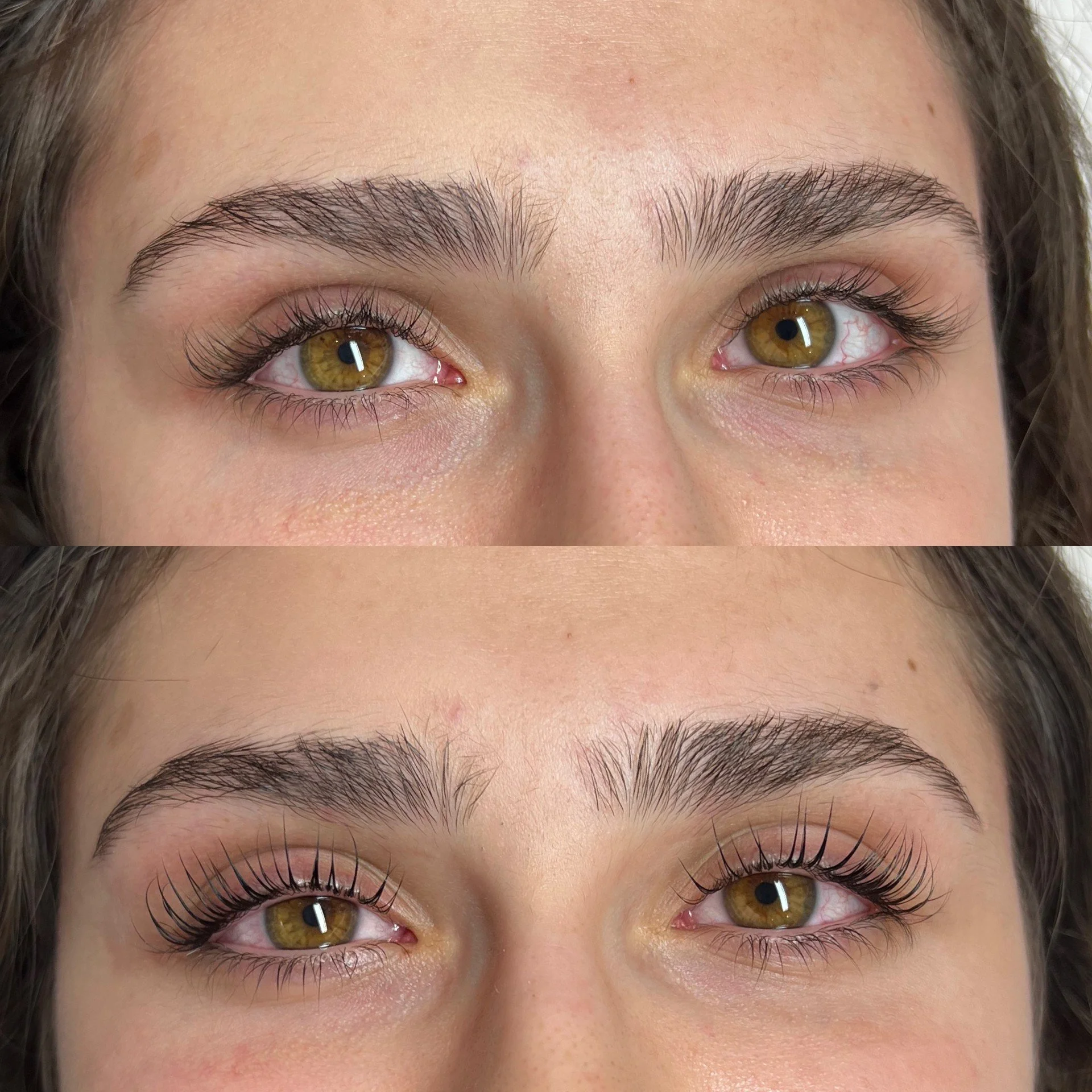 Close-up of a person's eyes showing with and without mascara, highlighting the improvement in eyelash length and curl.