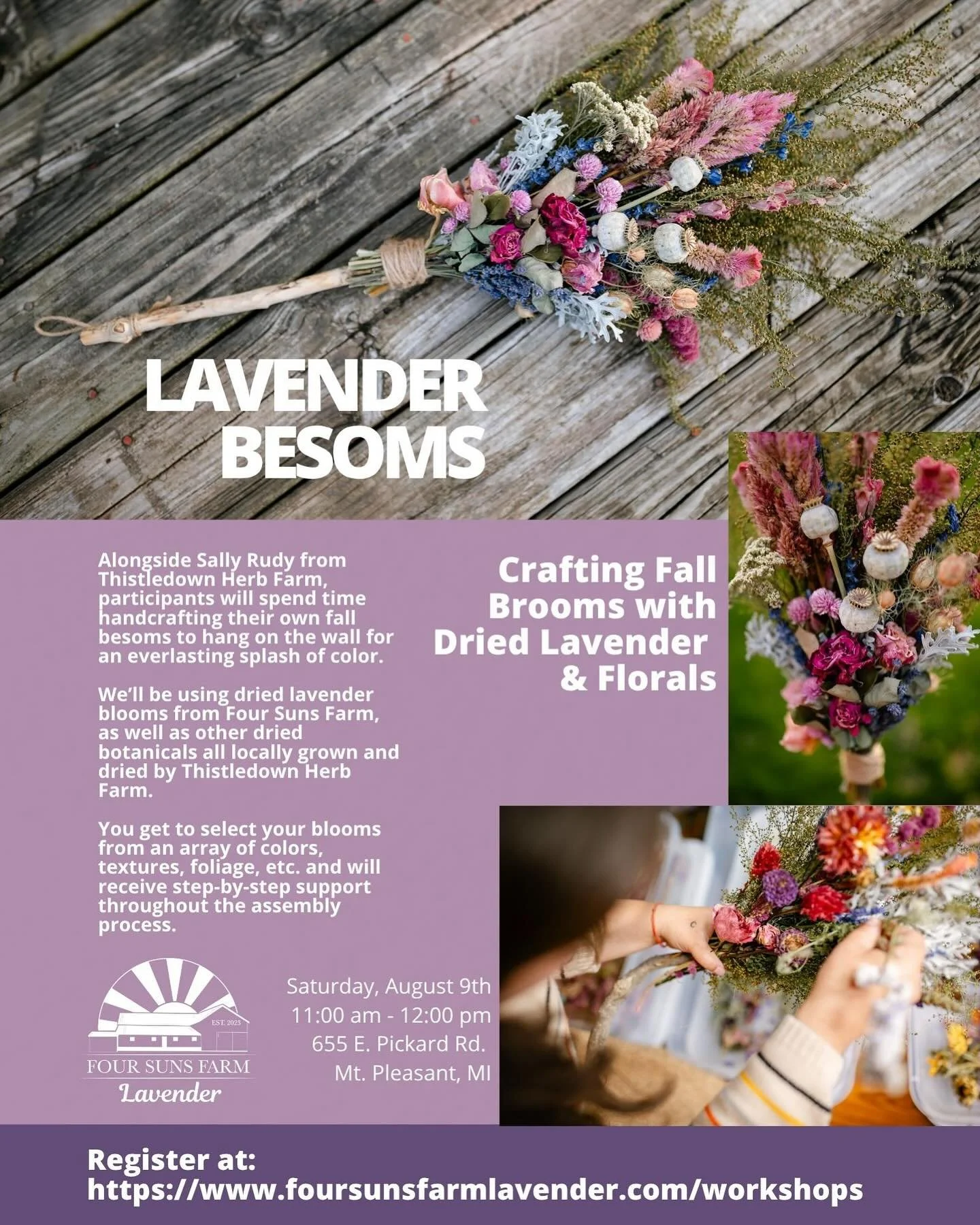 @thistledownherbfarm and @foursunsfarmlavender  are teaming up to bring you a dried floral workshop with dried lavender, as well as other dried floral blooms, foliage and pods. 

Come join us and handcrafted your very own decorative broom, or besom, 
