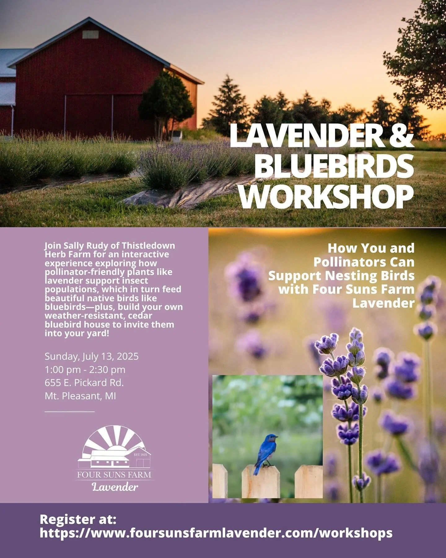 Hey locals! 
I&rsquo;m hosting a workshop at @foursunsfarmlavender on July 13th at 1PM where you can come learn a little bit about pollinators and build your own bluebird house. 

It&rsquo;s a cedar bluebird house made from plans at the Audubon Socie
