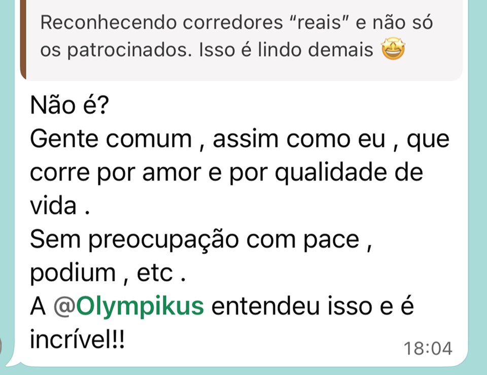 Print de uma conversa de WhatsApp em português discutindo corredores 'reais' e não patrocinados, com comentários elogiosos.