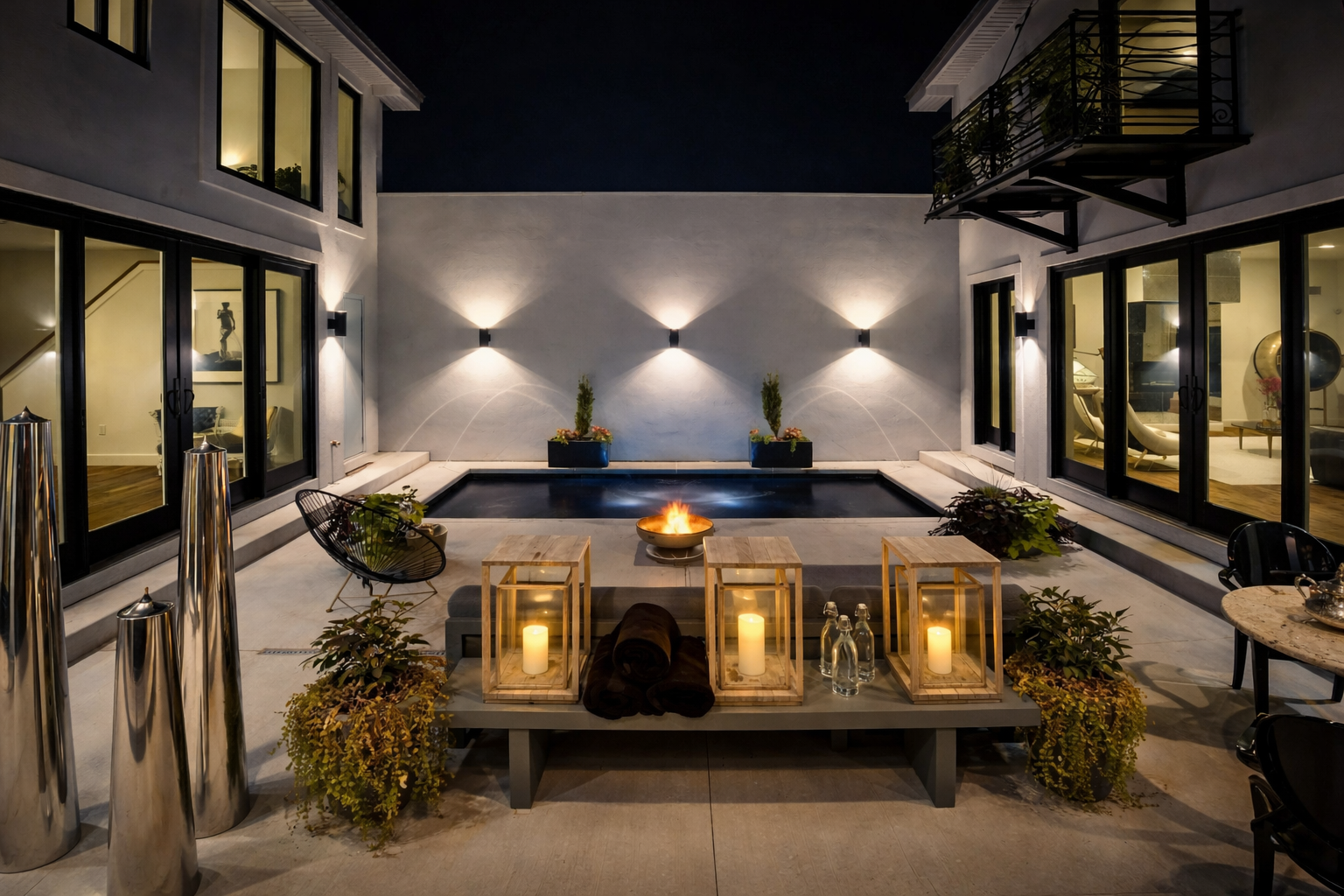 Nighttime view of a modern outdoor patio with a fire feature, potted plants, candles, and seating, surrounded by large glass windows and doors of a house.