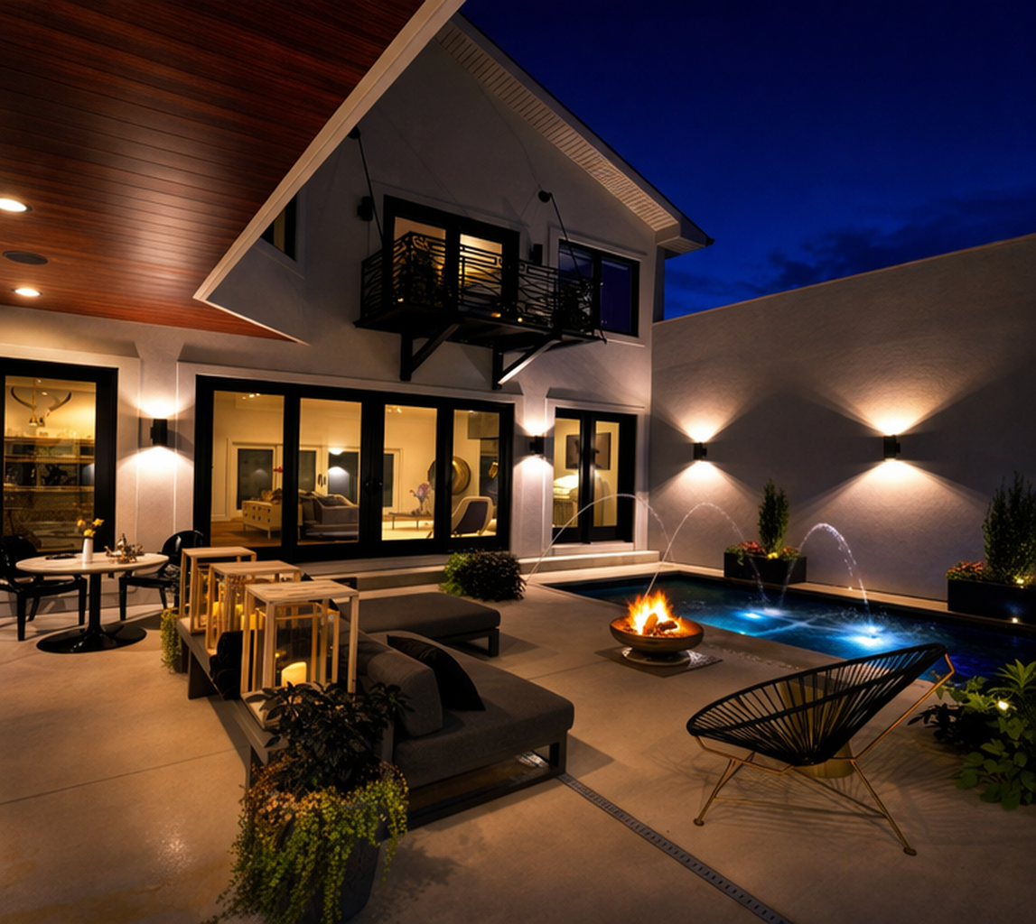 Nighttime outdoor patio of a modern house with a fire pit, swimming pool with fountains, outdoor seating, and large glass windows showing the interior living space.