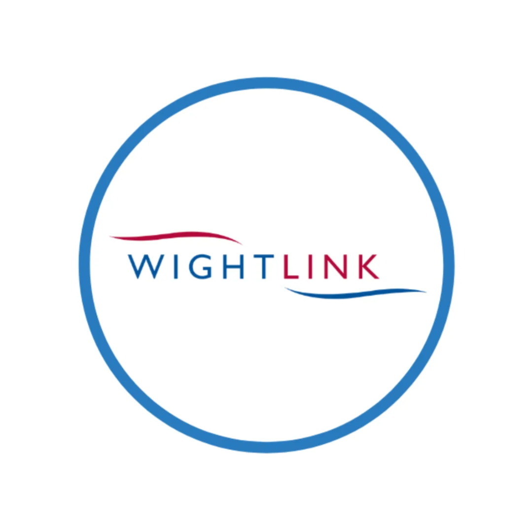 Logo for WightLink featuring the brand name with a red wave above and a blue wave below the text, encircled by a blue ring.