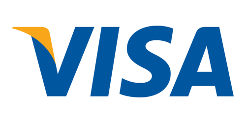 VISA logo in blue with orange design element.