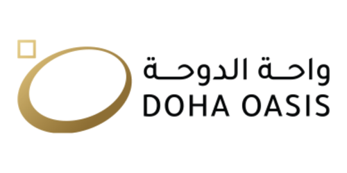 Doha Oasis logo with Arabic and English text and a gold oval and square design.