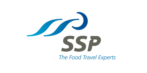 Logo of SSP with blue waves, gray letters "SSP" and tagline "The Food Travel Experts" in blue.