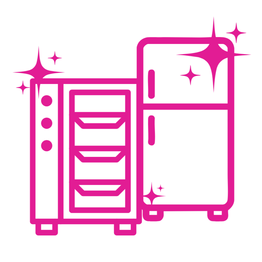 A line drawing of a refrigerator and a stove in pink with sparkling effects.
