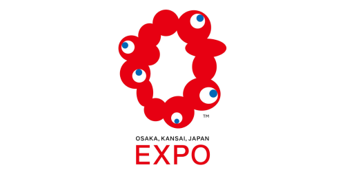 Red circular logo with eyeballs arranged in a ring, with text below reading "Osaka, Kansai, Japan Expo".