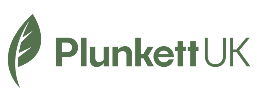 Logo for Plunkett UK featuring a green leaf icon and green text.