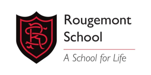 Rougemont School logo featuring a black shield with a red and black monogram, and the tagline 'A School for Life'