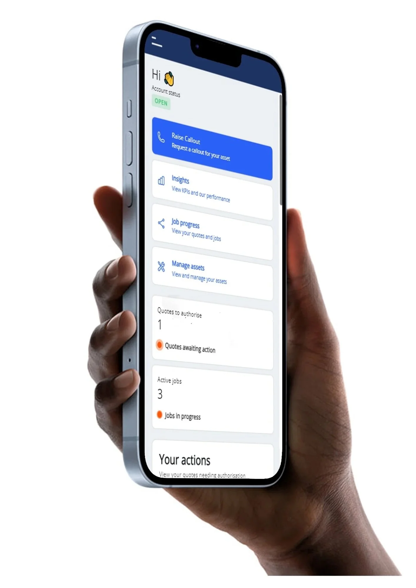 A hand holding a smartphone displaying a business or financial app interface with options including raise callout, view insights, job progress, and manage assets.