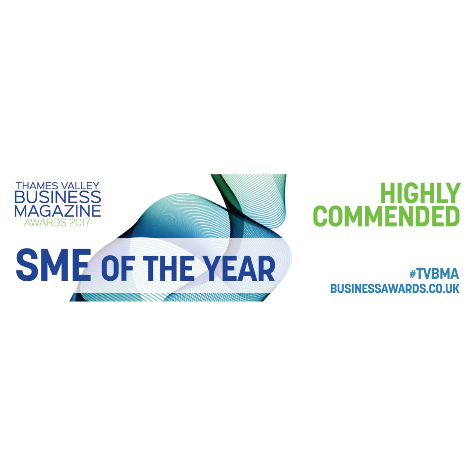 Award announcement with colorful abstract swirls and text highlighting 'SME of the Year', 'Highly Commended', and mentions of Thames Valley Business Magazine Awards 2017, hashtag #TVBMA, and website businessawards.co.uk.