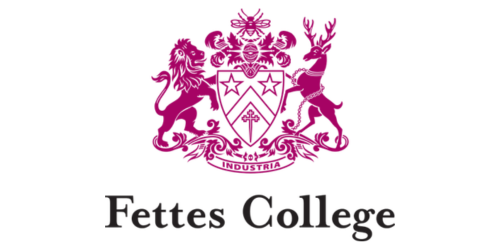 Fettes College crest with a lion, a stag, and a shield, and the text 'Fettes College' below.