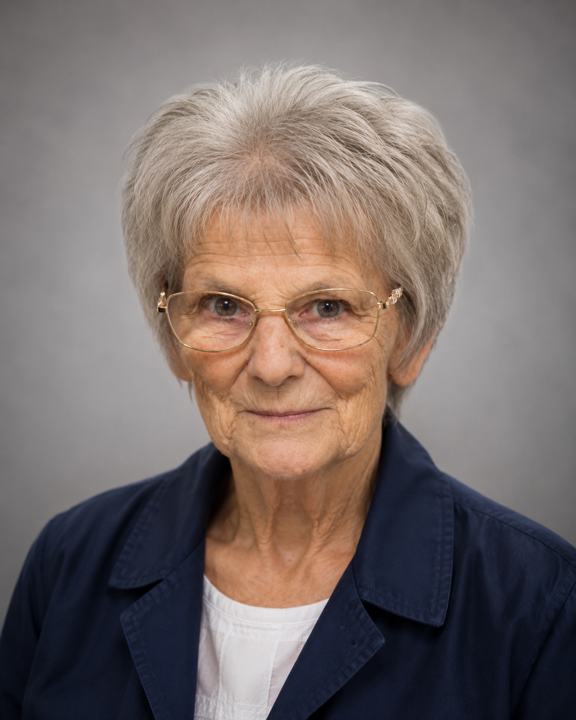 Close-up portrait of an elderly woman with short gray hair, wearing glasses with gold frames, a navy shirt, and a white top against a gray background.