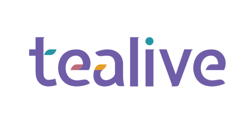 Logo with the word 'tealive' in purple letters, with a small teal shape above the 't' and an orange element in the letter 'a'.
