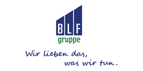 BLF Gruppe logo with green text 'gruppe' and blue text 'Wir lieben das, was wir tun' in German.