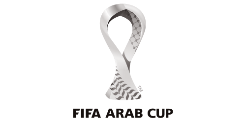 Logo for FIFA Arab Cup featuring a stylized silver trophy ribbon with geometric and wave patterns, and the text 'FIFA ARAB CUP' beneath it.