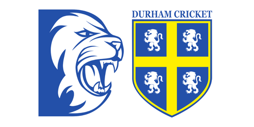 Logo of Durham Cricket with a lion's head on the left and a shield with four lions and a cross on the right