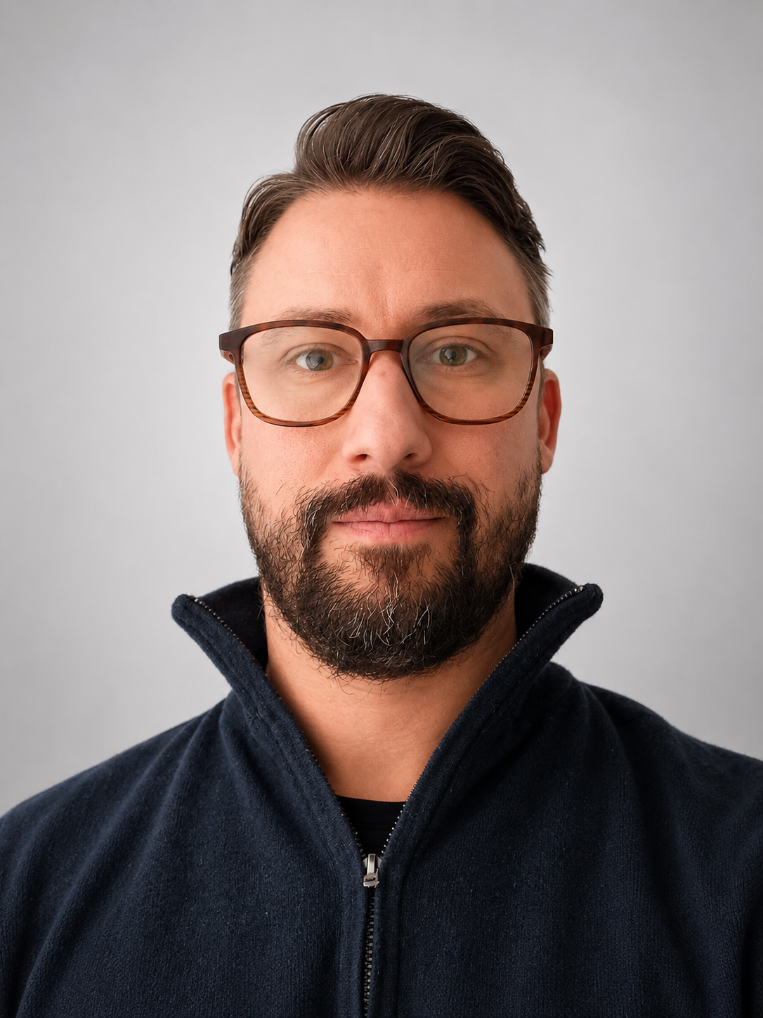 A man with glasses and a beard wearing a dark zip-up jacket, looking directly at the camera against a plain gray background.