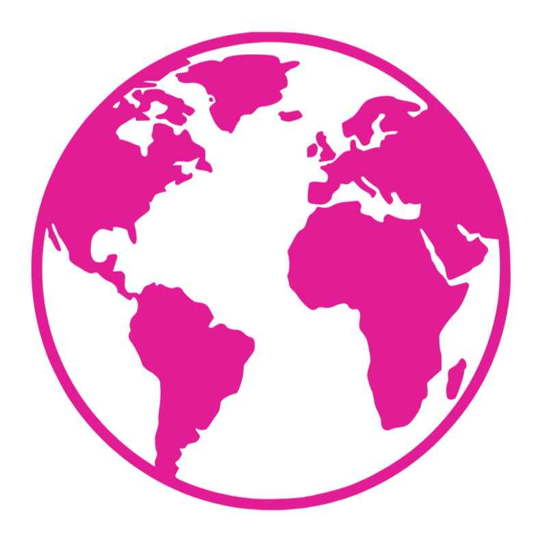 Pink graphic of a globe showing continents in white with a pink outline.
