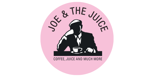 Logo for Joe & The Juice with a silhouette of a person in a suit, sitting at a table with a cup, against a pink circular background, with text 'Joe & The Juice' and 'Coffee, Juice and Much More'.