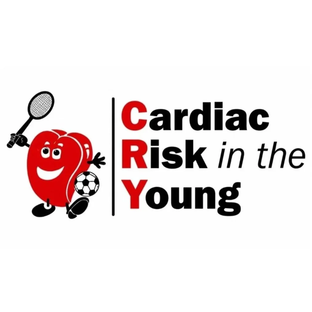 Cartoon heart character holding a tennis racket and soccer ball, with the text 'Cardiac Risk in the Young' emphasizing the acronym CRY.