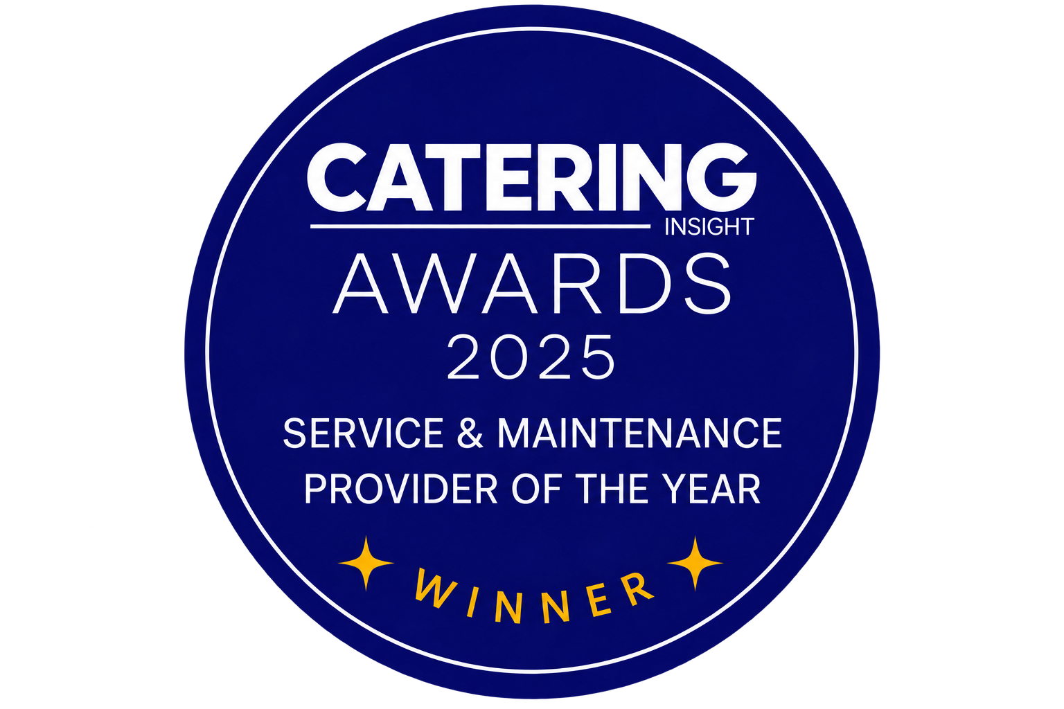 Circle badge with blue background and white text reading 'Catering Insight Awards 2025, Service & Maintenance Provider of the Year', with yellow stars and the word 'Winner' at the bottom.