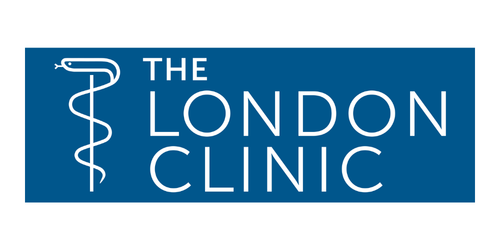 The London Clinic logo with a caduceus symbol on a blue background and white text.