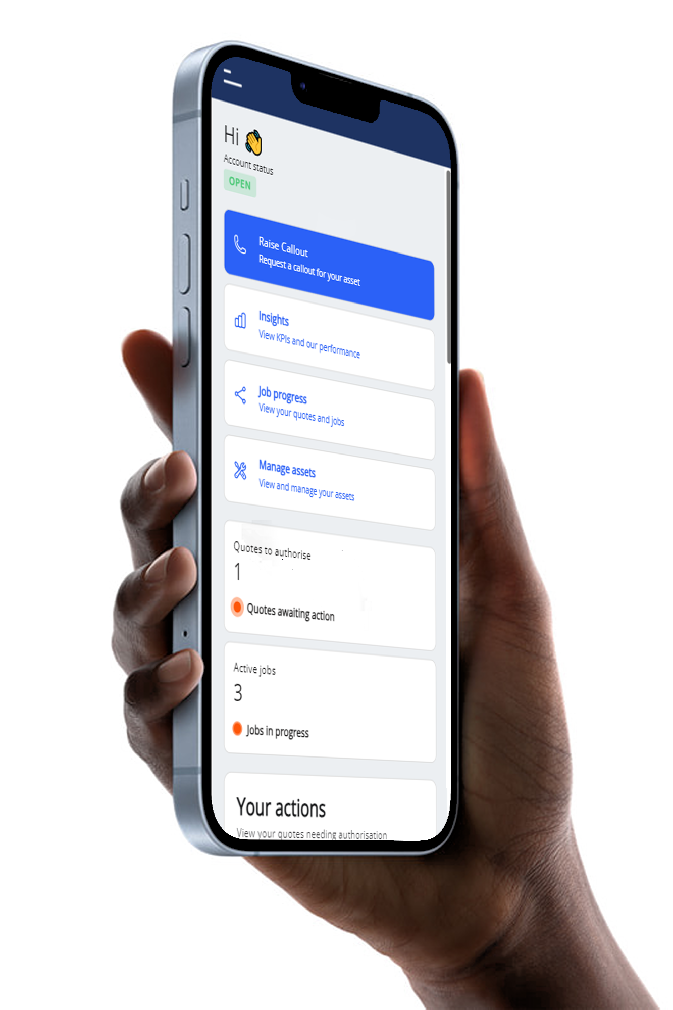 A person holding a smartphone displaying a business or financial app interface with options for raising callouts, viewing insights, tracking job progress, and managing assets.