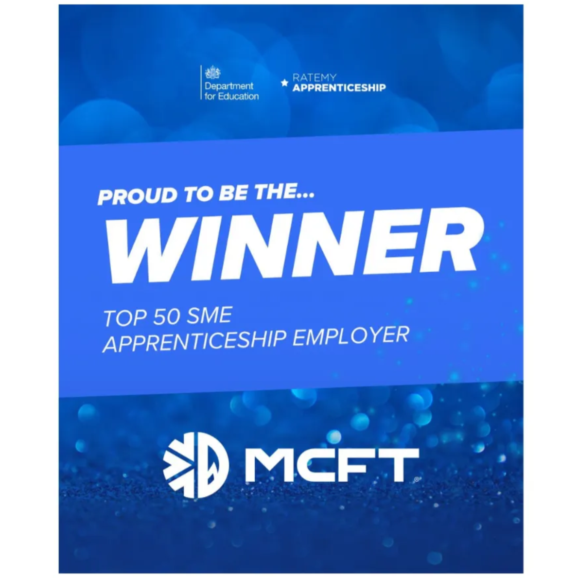 Award certificate from Department for Education recognizing MCFT as a top 50 SME apprenticeship employer, with a blue background and company logo.
