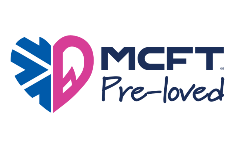 Logo with a stylized heart divided into two halves, one side blue with arrow shapes and the other pink with a shadowed D, alongside the text 'MCFT Pre-loved'.