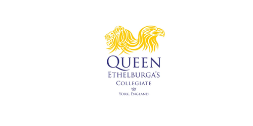 Queen Ethelburga's Collegiate logo with a golden lion and purple text.